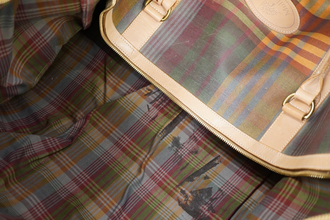 A Mulberry tartan canvas golf case, holdall and umbrella
